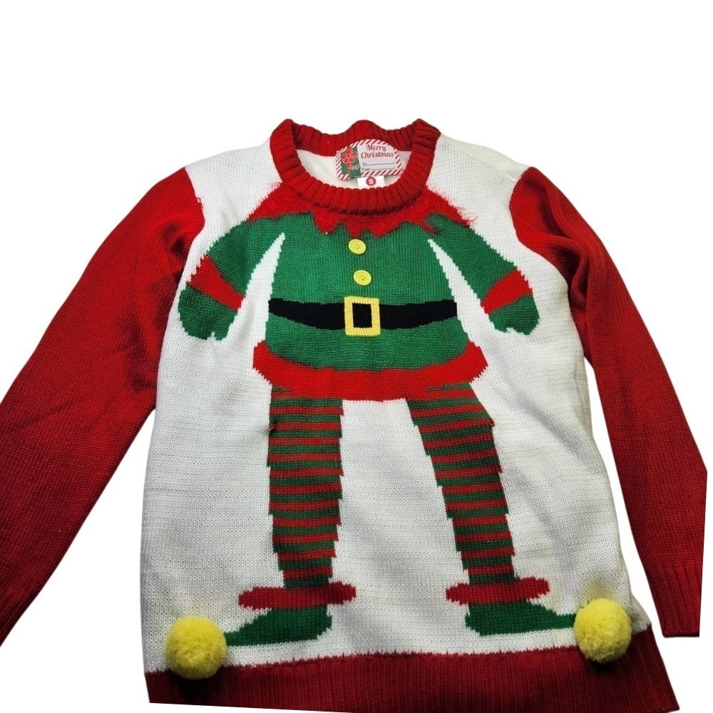 Merry Christmas Light Up Elf Sweater Unisex Small Red White Green Pom Poms